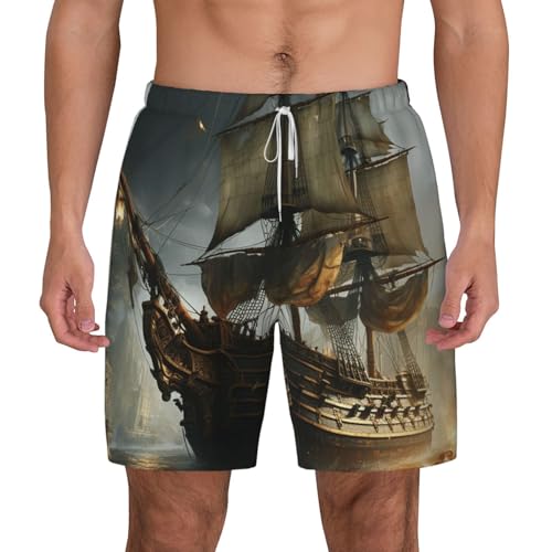 Men's Swim Trunks Quick Dry Board Shorts Cool Pirate Ship Beach Shorts with Pocket Bathing Suits for Men