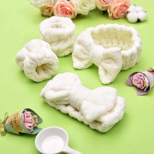 Image of 1 Set Spa Headband Wrist Washband Face Wash Set, Include 1 Microfiber Headband and 2 Wrist Washband for Women Girls Prevent Liquids from Spilling Down Your Arms (Warm-White)
