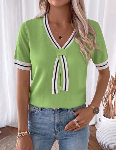 Image of Libsorge Womens Lightweight Cute Bow Tie Sweater Spring 2026 Business Casual Outfits V Neck Short Sleeve Tops