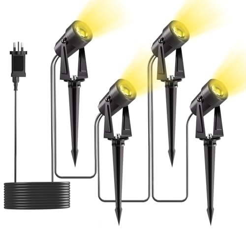 Yuusei Garden Lights Mains Powered, 4 in 1 Pack 14M Extendable Outdoor Spotlight, 3000K Warm White 27V LED Driveway Lights, IP65 Waterproof for Pathway, Fence, Pond, Yards