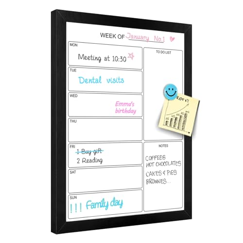 Aitakatta Tableau blanc hebdomadaire effaçable à sec, 40 x 30 cm, tableau mémo magnétique au design minimaliste, pour mur, cadre en bois noir, tableau effaçable à sec pour bureau, école, maison