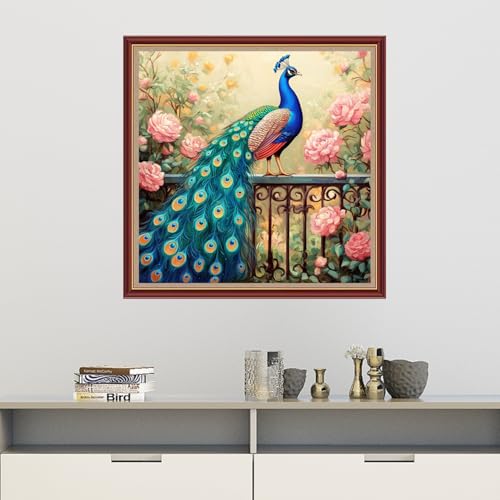 Image of Dooxvey Cross Stitch Kits for Adults Beginners,Full Range of Cross-Stitch Stamped Kits Needlepoint Kits for Beginners Embroidery Kits 11CT Cross Stitch Patterns-Flower Blue Peacock 18x18 inch