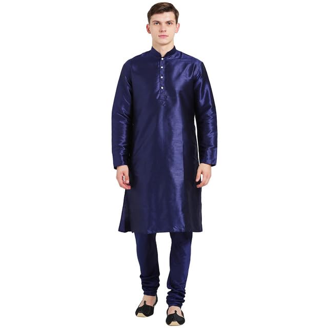 Kisah Mens Kurta Churidar Set, Dupion Silk Solid Mandarin Collar Long Sleeves, Blue Ethnic Wear Set For Men, 40