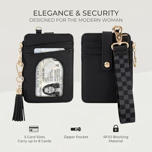 Image of Stylish Wristlet Keychain Wallet for Women, Slim Zipper Credit Card Holder | RFID Blocking Wallet with Clear ID Window, Tassel, Lanyard and Gold Rings - Plenty of Storage in an Easy Carry Design