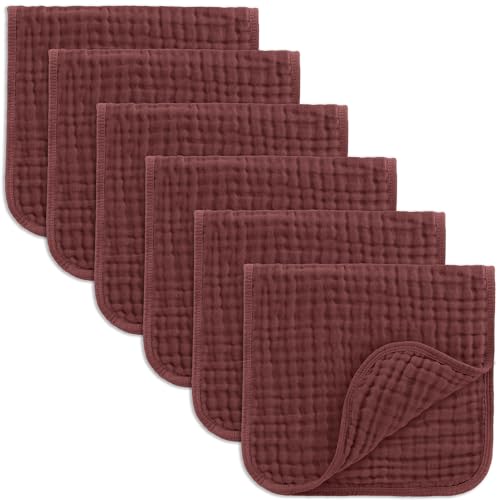 Image of Comfy Cubs Muslin Burp Cloths 20" x 10", Pack of 6 - Large, 6-Layer, Ultra Absorbent 100% Cotton for Baby Drool and Messes - Soft, Safe & Gentle Baby Burp Cloths Set for Boys & Girls - Wine