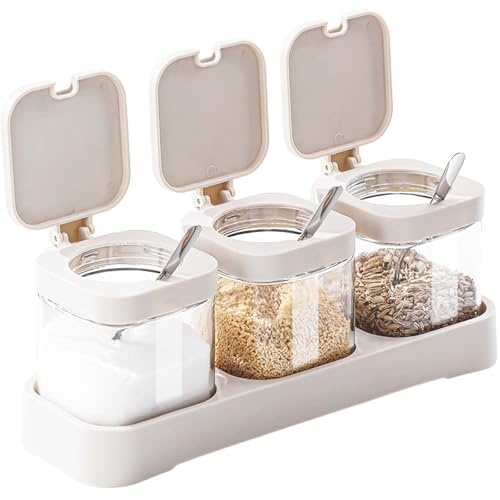 DIYJEP juego de 3 Tarros de cristal con tape para Condimentos, Azucarero Saleros de Cocina con Cuchara, Botes de Cristal para Especias, Caja de Almacenaje Transparente para Azúcar Sal Granos (Blanco)