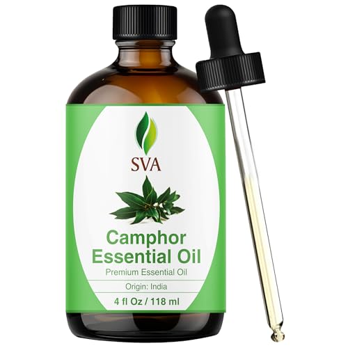 SVA Camphor Essential Oil – 4 Fl Oz – 100% Natural Camphor Oil - for Diffuser, Hair Care, Face, Skin Care, Aromatherapy, Scalp and Body Massage, Soap and Candle Making – with Dropper