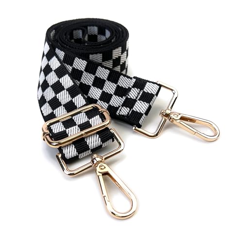 Image of Black White Checkered Purse Strap with Light Gold Hardware 1-1 /2 Inch Wide Replacement Crossbody Guitar Style Shoulder Strap for Handbags Totes