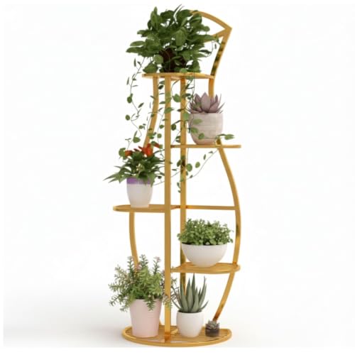 Image of Designer Metal Plant Stand for Living Room | Decorative Leaf Shape Flower Pot Stand | Indoor Outdoor Planter Rack | Modern Plant Holder for Balcony, Home Decor | Gold