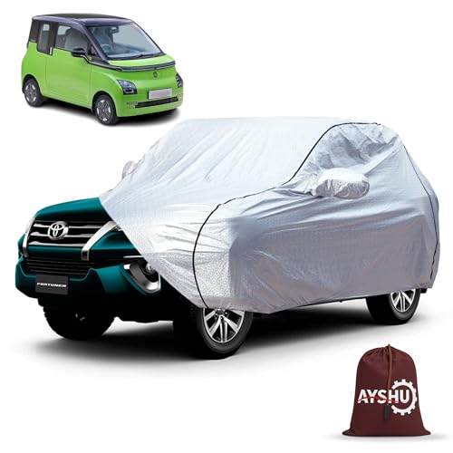 Image of AYSHU Waterproof Car Cover Compatible with Mg Comet | Mirror & Antenna Pocket | Anti-Scratch Soft Cotton Inner Layer | Triple Stitched | Heat Resistant Metallic Silver | All-Weather Protection