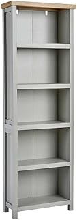 Home Source Oak Tall Bookcase Display Unit 5 Bookshelves DVD Storage, MDF, Grey, 5 Shelf