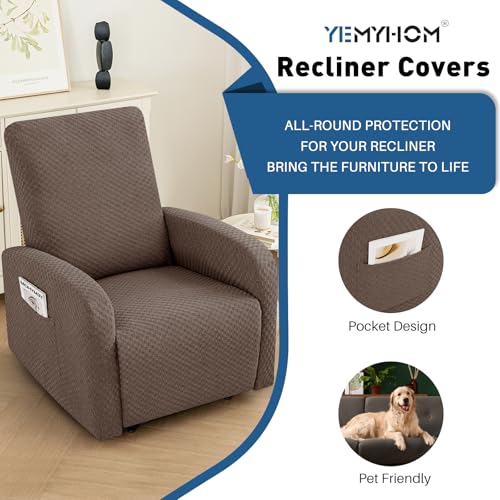 Image of YEMYHOM 3 Pieces Stretch Recliner Slipcover Jacquard Small Recliner Chair Cover with Side Pocket Anti-Slip Fitted Furniture Protector with Elastic Bottom (X-Small Recliner, Light Coffee)