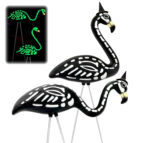 TitTees Halloween Decorations 2 Pack Black Flamingo Skeleton Zombie Flamingos for Spooky Graveyard Decor Skull Flamingo with Stakes for Halloween Lawn Ornaments