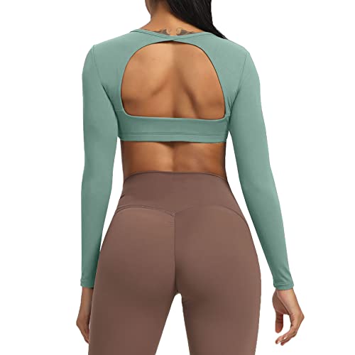 Aoxjox Langärmeliges bauchfreies T-Shirt für Damen, Clarissa rückenfreies Workout, bauchfreies T-Shirt, salbeigrün, XX-Large Cover