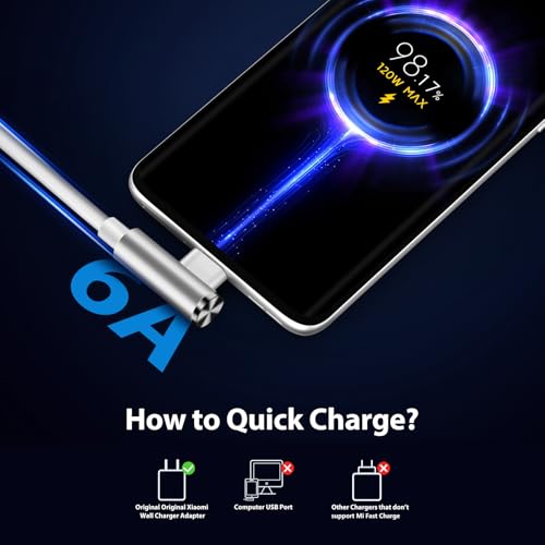 Image of 120W 6A USB Type C Cable 1.8M, 90 Degree L Shape USB C Fast Charging Cable for Xiaomi 14T 13T 12 11T Pro, Fast Charge Cable for Xiaomi 15 14 Ultra Pad 7, POCO F7 F6 X7 M6 Pro Redmi 14C Note 14 13