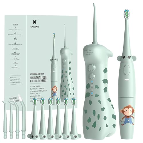 HUACOCARE Kids Water Flosser & Electric Toothbrush Combo | Giraffe & Monkey Design | 3 Gentle Modes...