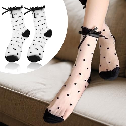 5-Pairs Sheer Ankle Socks - Black See-Through Socks with Striped/Plaid/Dot Patterns for Women & Girls3