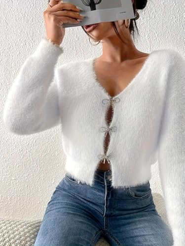 Womens Cute Rhinestone Bow Cardigan Sexy V Neck Long Sleeve Fuzzy Sweater Casual Open Front Knit Crop Top2