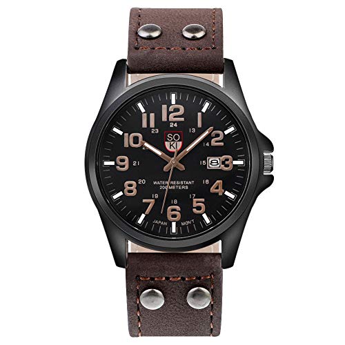 Souarts Herren Kalender Armbanduhr mit Leder Armband Männer Analog Quarzuhr mit Batterie (Dunkelbraun/Schwarz)
