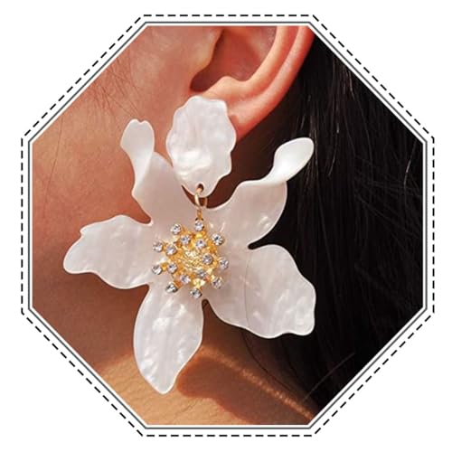 Jovono Pendientes de flores bohemias grandes con diseño de flores blancas, aretes dorados de verano para novia, para mujer, /