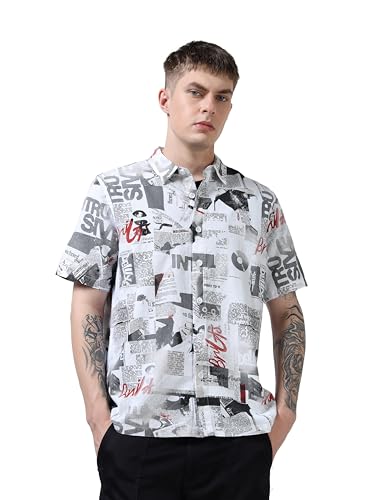 Image of StitchX Men's Half Sleeve Textured Cotton Newspaper Printed Shirt