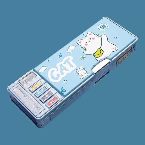 Image of LONGMIRE Plastic Pencil Box with Code Lock Pen Case Large Capacity Multi-Layer Multi-Function Storage Bag Secret Compartment Pencil Box for Kids- Multi-Color (Cat)