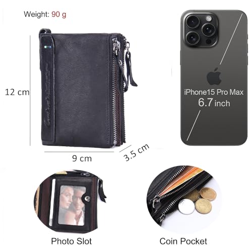 Image of CONTACTS Soft Leather Wallet for Women and Men Small Bifold Coin Purse Double Zipper Card Holder with RFID Blocking (Black)