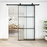 JUBEST 42in x 84in Glass Sliding Barn Door, 3-Panel Black Aluminum Frame and Clear Tempered Glass Modern French Door, Easy to Install (No Sliding Hardware Kit)