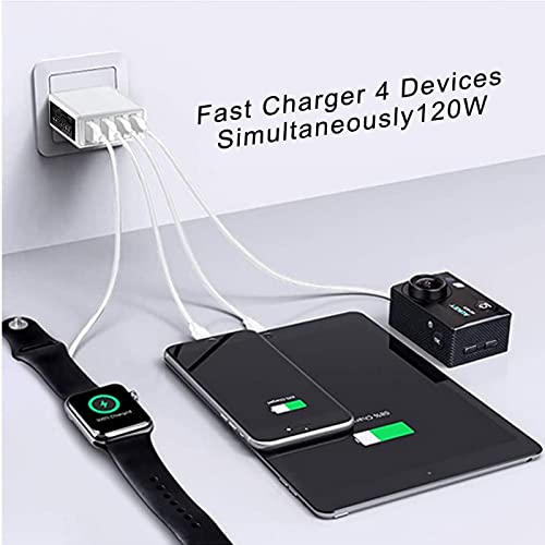 DTK USB C Wall Charger, 120W Fast Charger Block Plug, 4-Port Portable Power Charger Station