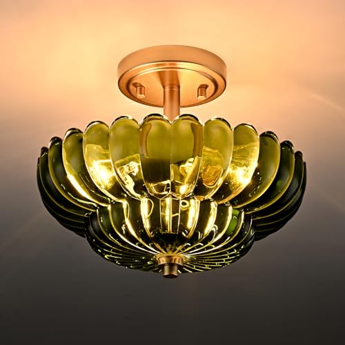 Image of Modern Green Glass Scalloped 3-Light Flush Mount Ceiling Light Gold Base | Vintage Ceiling Lights, Close to Ceiling Light, Semi Flush Mount Ceiling Light for Hallway Bedroom Entryway Kitchen
