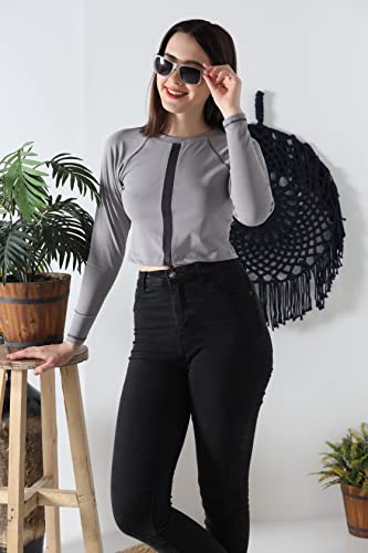 Image of Leriya Fashion Long Sleeve Crop Top Cropped Sweatshirt for Women with Thumb Hole Western Top