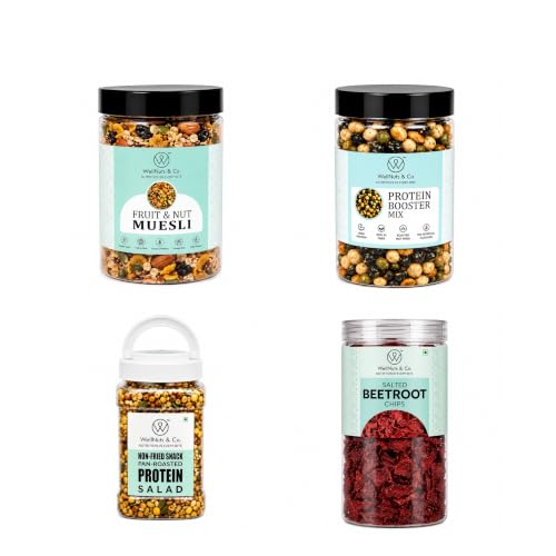 Image of WellNuts & Co. Healthy Snack Combo Pack of 4 |Fruit Nut Meusli - 200g, Protein Booster - 200g, Protein Salad - 425g, Salted Beetroot Chips - 150g| Roasted & Ready to Eat Snacks | High Protein & High Fiber Combo | Snacks for Healthy Everyday