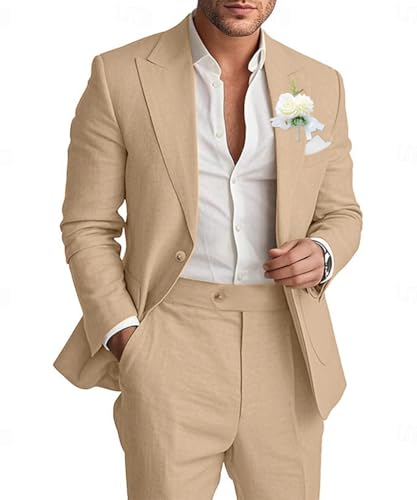 Linen Suits for Men 2 Piece Summer Beach Wedding Suit Set Jacket Pants for Casual Prom Bussiness
