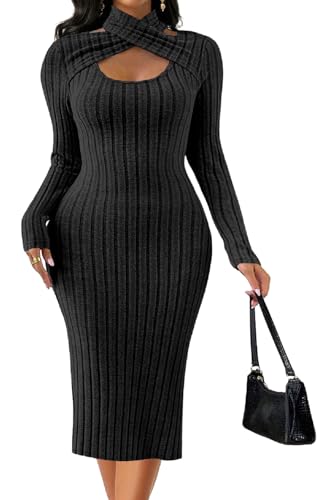 Image of Oxgmoky Women's Church Long Sleeve Sweater Dress Ribbed Bodycon Midi Work