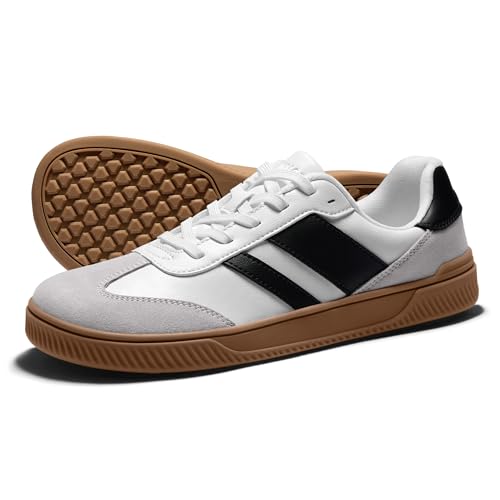 AIRHAS Womens Wide Toe Box Barefoot Shoes Fashion Zero Drop Sneakers for Women Walking Vegan Leather Minimalist Shoes(White/Black,8.5)
