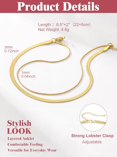 Image of FOCALOOK 14K Gold Plated Anklets for Women Waterproof Plus Size Ankle Bracelet 8.5-10.5 Inch Adjustable Mariner /Figaro /Flat Snake /Cuban Link Chain Anklet Jewelry for Summer Beach Holiday