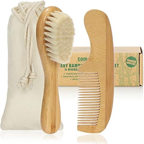 com-four® Cepillo y Peine para Bebés a Partir de 0 Meses - Cepillo para Bebé, Recién Nacido y Niño Pequeño - Cepillo de Bambú con Suave Lana de Oveja (Peine + Cepillo para el Pelo - Oveja) Cover