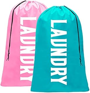 Fiodrmy 2 Pack XL Travel Laundry Bag, Machine Washable Dirty Clothes Organizer, Large Enough to Hold 4 Loads of Laundry, Easy Fit a Laundry Hamper or Basket (Pink+Blue, 24