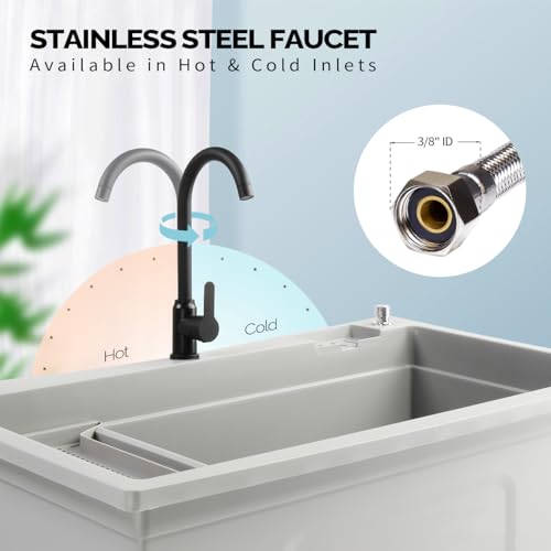 Image of Vingli 37-Gallon Freestanding Utility Sink with Faucet, 36 inch Heightened Basin for Laundry, Garage, Outdoor Garden, Pet Wash, Heavy Duty Plastic Laundry Tub with Storage Shelf, 40 inchLx24 inchWx36 inchH, Grey