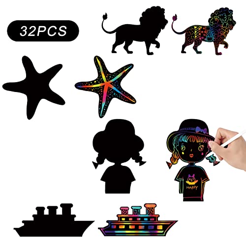 YIUNKH Scratch Art para Niños 32 Pcs Papel De Rascar para Niños Papel De Rascar ​Manualidades Craft Kit Scratch Creativas Scratch Art Paper Manualidades Regalo DIY Decoraciones Accesorios De Fiesta Cover