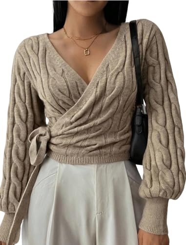 Image of ZAFUL Women's V Neck Sweater Lantern Long Sleeve Pullover Cable Knit Cross Crop Top Casual Tie Wrap Tunic Jumper Blouses