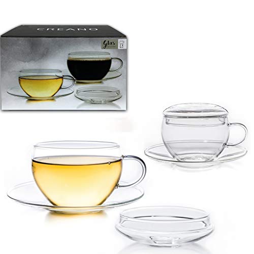 Creano Conjunto de 2 Taza de Vidrio con Platillo y Tapa, Práctica para los Tés de Floración, ExqusiTea, Capuchino, Latte… - Imagen 8