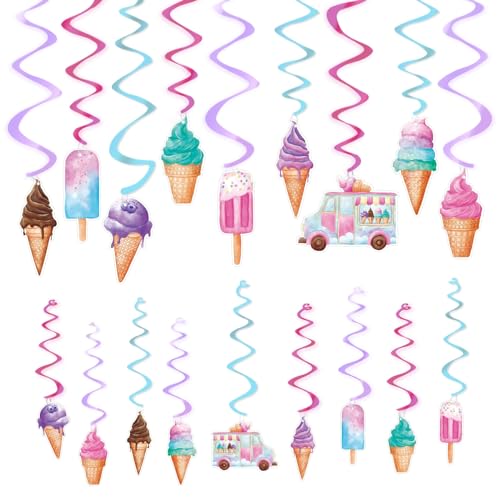 WERNNSAI 18PCS Ice Cream Hanging Swirls Party Decorations Summer Ceiling Streamers Decor Sweet Ice Cream Party Swirls Supplies for Girls Birthday Baby Shower