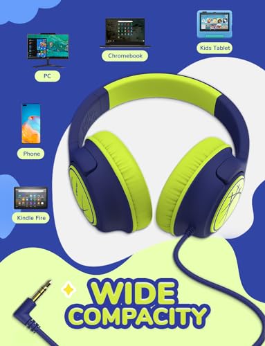 Image of iClever Kids Headphones, Childrens Headphones for Kids 85dBA Safe Volume Limit, Stereo Sound Foldable Over Ear, 3.5mm Jack Boys Girls Headphone for School /Travel /Tablet /PC, Blue Green