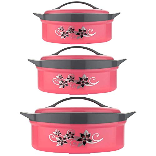 Image of Casserole Box for Food Searving Inner Steel Insulated Casserole Hot Pot Flowers Printed Chapati Box for Roti Set of 3-(1500ml, 2500ml, 3500ml)