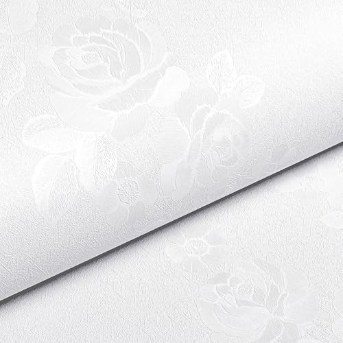 Livelynine White Wallpaper Peel and Stick Floral Texture White Contact Paper for Cabinets Removable Vinyl Kitchen Cabinet Covering Paintable Textured Wallpaper for Walls Bathroom Ceiling 15.8x78.8'