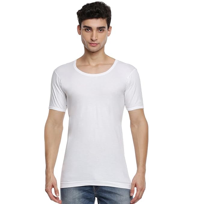 Image of RAMRAJ COTTON Pack of 4 Men's White Round Neck Half Sleeve Cotton Undershirt Vest(White;85)