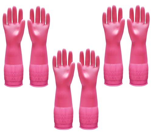 Image of Pink Multipurpose Waterproof Rubber Gloves for Kitchen, Dishwashing & Gardening - Reusable, Non-Slip, Latex-Free Scrubbing Gloves for Household Cleaning, Pet Care & Painting- 15 INCH. (3 PAIR)