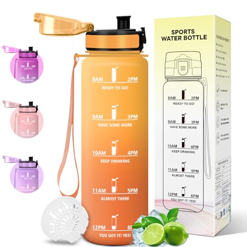 Motswedi Botella Agua 1L, Plástico, Botella Deportiva, a Prueba de Fugas, Botellas Gimnasio 1 litro, Cantimplora, con Marcador de Tiempo, para Gimnasio, Oficina, Yoga, Amarillo ámbar & Naranja