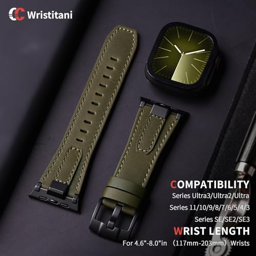 Image of Wristitani Leather Bands Compatible with Apple Watch Band 49mm 46mm 45mm 44mm for Men, Metal Connector & Genuine Leather Straps for iWatch Ultra3 /2 /1 SE3 /2 /1 Series 11 10 9 8 7 6 5 4 [NO Watch and Case]